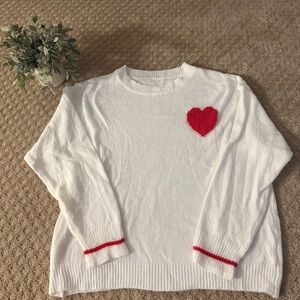 White Sweater with Red Heart Accent-M